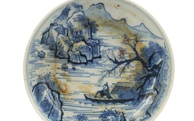 Chinese blue and white porcelain shallow dish hand painted w...