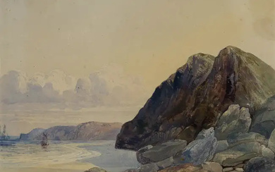 Circle of John Brett, ARA, British 1831-1902- Coastal landscape with cliffs by...