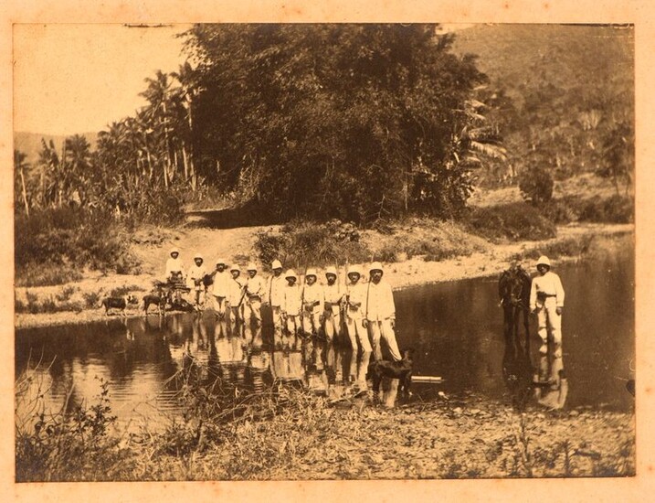 Collection of 15 photos relating to Caledonia On albumen paper containing tribal and military scenes and portraits.