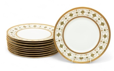 Coronet (French) Limoges Porcelain Dinner Plates, Raised Gilding & Enamel Decorated, Ca. 1900, Dia.