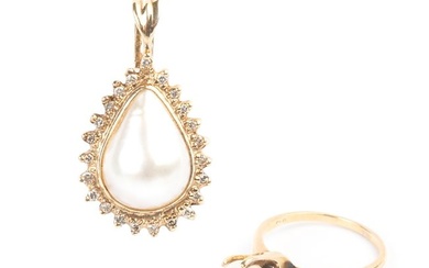 Cultured Pearl, Diamond, 14k Yellow Gold Jewelry Suite.