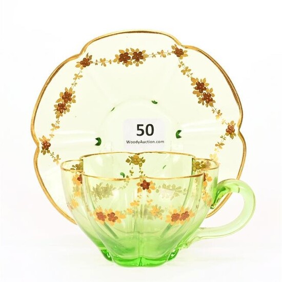 Cup & Saucer, Green Bohemian Art Glass