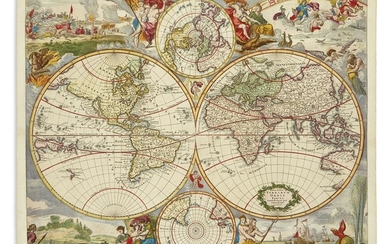 DANCKERTS, JUSTUS. Nova Totius Terrarum Orbis Tabula. Double-page engraved decorative double-hemispheric world map....