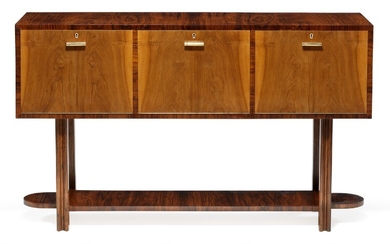 Danish cabinetmaker: Art Deco sideboard of rosewood with profiled legs. Front with three fold-down doors of pear wood. Handles and fittings of brass.