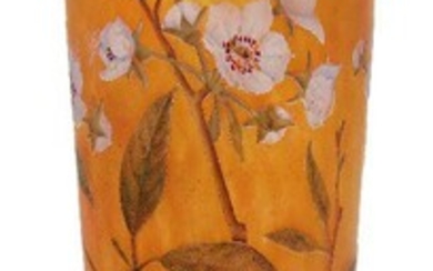 Daum (French Est. 1879), an enamelled glass 'Blossom' vase, c.1910, signed in relief Daum Nancy with Cross of Lorraine, The mottled orange body acid-etched in relief with leafy branches laden with blossom, picked out in naturalistic coloured...