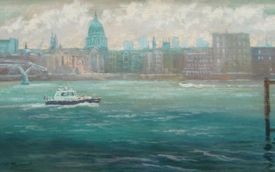 David Mynett, British 1942-2013- A boat in front of St Paul's; watercolour and gouache on paper, signed lower left, 35.5 x 70.5 cm (ARR)
