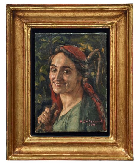Déchenaud, Adolphe: Bildnis einer fröhlichen Bäuerin mit Dreschflegel