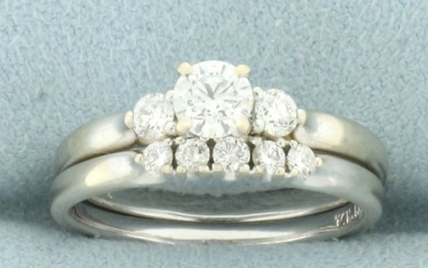 Diamond 3-Stone Engagement Ring and Matching Wedding Band Bridal Set in 14k White Gold