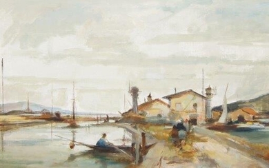 Dino Rossi, Italian 1904-1982- View at Santa Liberata, Monte Argentario, Italy; oil on canvas, signed lower left, inscribed to the reverse of the stretcher, 40 x 96 cm (ARR)
