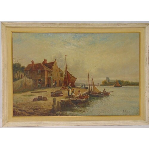 E. Brown framed oil on canvas of fishing boats by a dock, si...