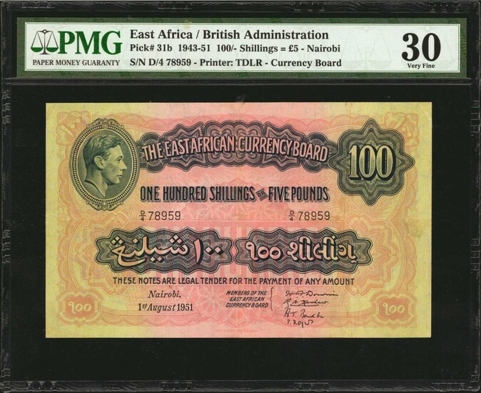 EAST AFRICA. British Administration. 100 Shillings, 1943-51. P-31b. PMG Very Fine 30.