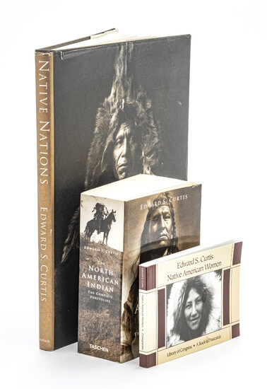 EDWARD SHERIFF CURTIS (AMERICAN, 1868-1952) PHOTOGRAVURE ON PAPER + 3 BOOKS, H 6", W 8", "ON THE RIVER..."