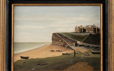 ENGLISH SCHOOL (Early 20th Century,), Coastal scene with houses on a bluff., Oil on board, 9" x 12".