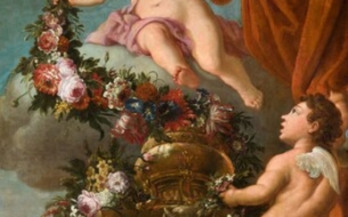 ESCUELA ITALIANA (S.XVIII / .), Pedestal con guirnalda floral y amorcillos
