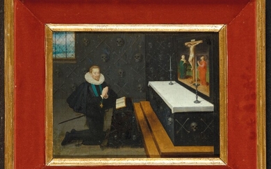 ÉTIENNE DUMONSTIER (PARIS 1540–1603), Portrait d’Anne, duc de Joyeuse (1560-1587) en prière devant une Crucifixion