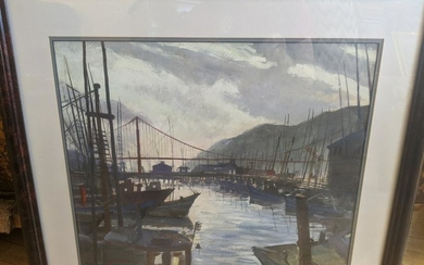 Earl Gross Harbor & Bridge Scene Watercolor Painting