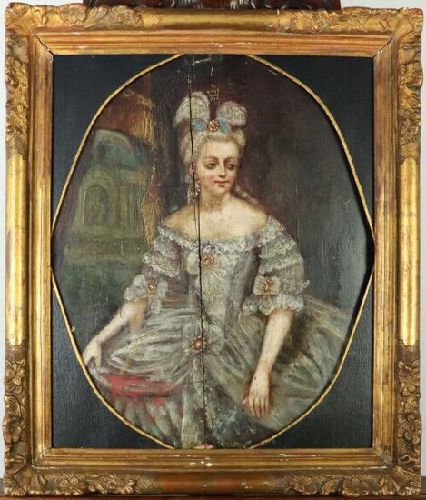 Ecole du XIXème siècle. Portrait d'une élégante, à la manière du XVIIIème siècle. Huile sur...