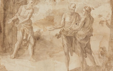 Ecole française du XVIIème siècle Hermès et deux hommes dans un paysage Lavis brun sur...