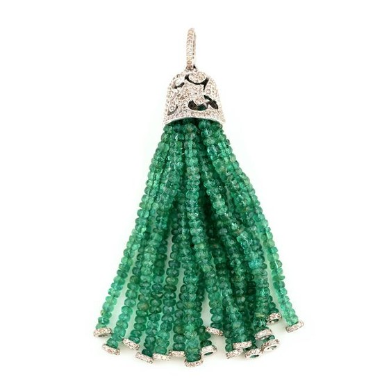 Emerald, Diamond, 14k White Gold Tassel Pendant.