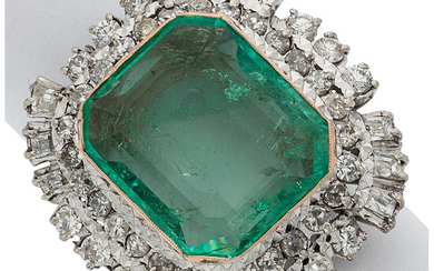 Emerald, Diamond, Palladium Ring Stones: Emerald-cut emerald weighing approximately...