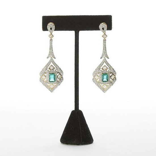 Emerald and Diamond Earrings w/ White and Yellow