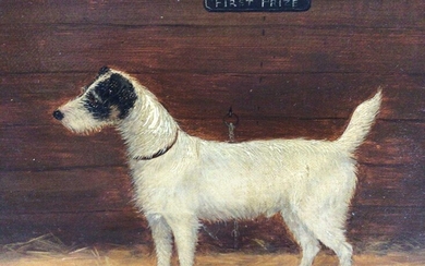 English School 19th Century, "First Prize", a study of a terrier, oil on board, inscribed, in gilt frame. 18 x 22cm.