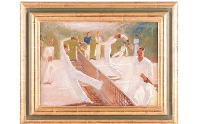 European School (Early 20th Century), The Doubles Tennis Match, unsigned, oil on canvas, 27 x 38 cm