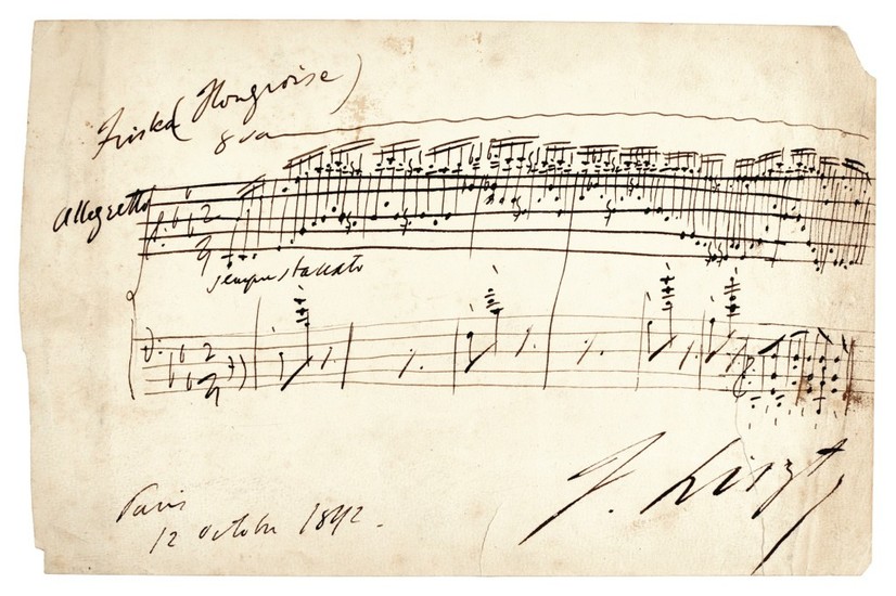 F. Liszt. Autograph musical quotation from "Magyar dallok" no.7, S.242/7, signed, 12 October 1842