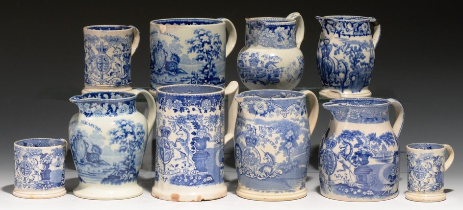 FIVE BLUE PRINTED PEARLWARE AND EARTHENWARE IMPERIAL MEASURE...