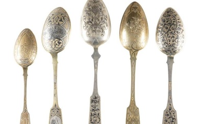 FIVE SILVER AND NIELLO SPOONS Russian, Moscow / St. Pete