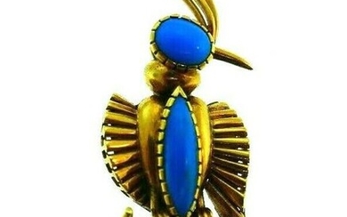 FRENCH 18k Yellow Gold & Turquoise Bird Brooch Vintage