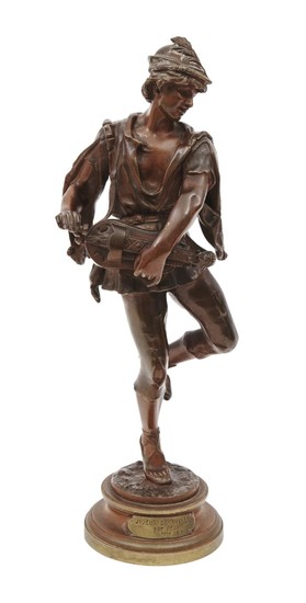 FRENCH BRONZE SCULPTURE OF A HURDY GURDY PLAYER BY DEBUT