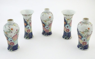 Five Chinese famille rose vases comprising two trumpet