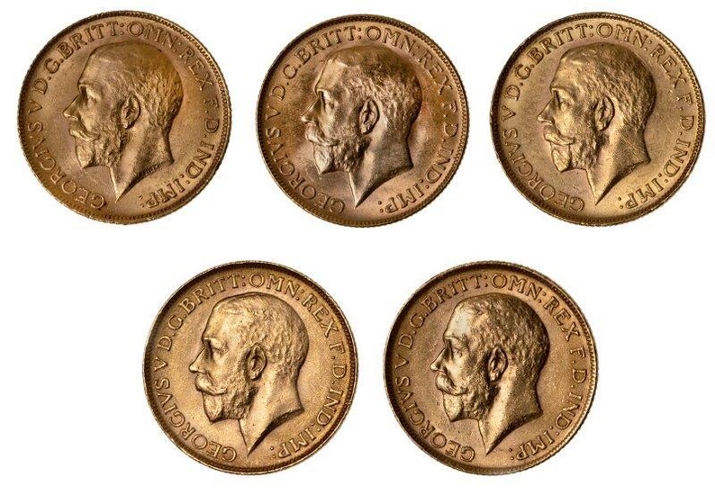 Five George VI sovereigns, comprising: 1911; 1913; 1925 South Africa Mint; 1925 South Africa Mint; 1927 South Africa Mint; 1928 Perth Mint (5)