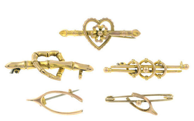 Five late 19th to early 20th century heart-shape and wishbone brooches. Some AF.
