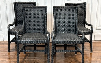 Four Woven Black Leather Dining Chairs