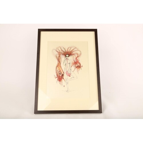 Framed orange hair nude lady with 2 fish talking on the phon...