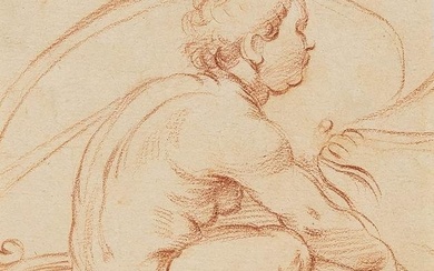 French 18th century, study of a putto riding on a shell over water and holding a sail, red chalk