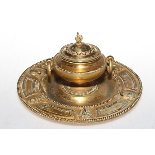 French 19th Century gilt desk inkwell with rope twist border...