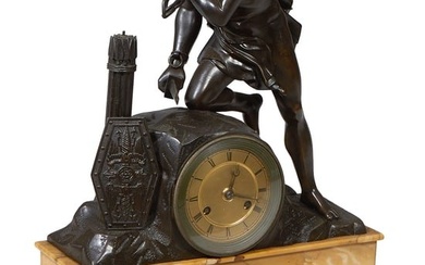 French Bronze and Ocher Marble Figural Mantel Clock, 19th c., H.- 20 3/4 in., W.- 14 1/2 in., D.- 5