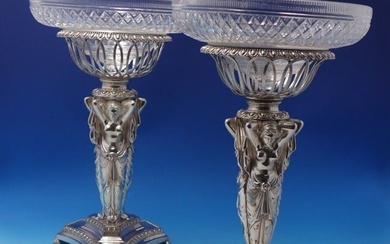 French Silverplate Cut Crystal Centerpiece Pair w/ Bowls Art Nouveau Women