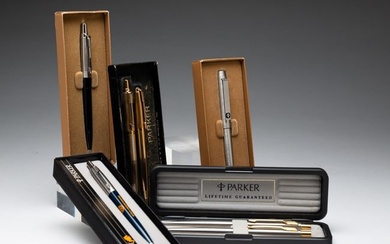 GROUP OF PARKER BALL PENS AND PENCILS IN BOXES.