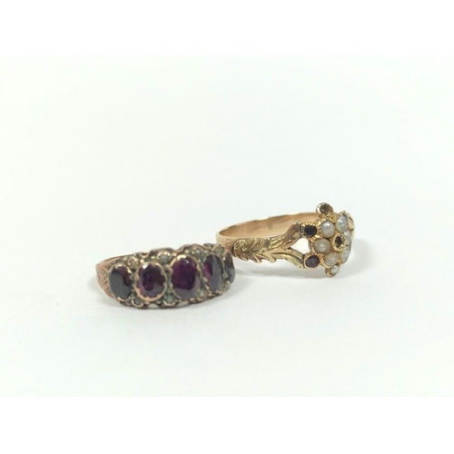 Garnet five stone ring and another with pearls, in gold (2)