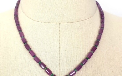 Raspberry SAPPHIRE & Emerald Gemstone Fancy Cut NECKLACE : 24.80gms Natural Untreated Pencil Necklace 7*3.5mm - 9*4.45mm 18.5"