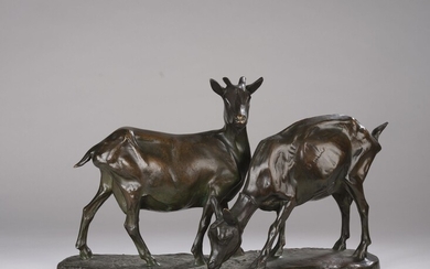 Georges COLLARD (1881-1961) Deux chèvres, 1910 Bronze à patine brune nuancée de vert. Signé G....