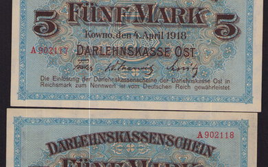 Germany, Lithuania Kowno (Kaunas) 5 mark 1918 - Darlehnskasse Ost - Consecutive numbers (2)