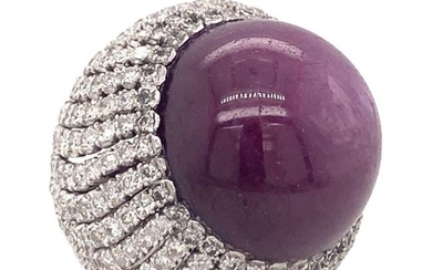 Gia Certified 78.67 Carat Star Ruby and Diamond Bombe 14K White Gold Ring