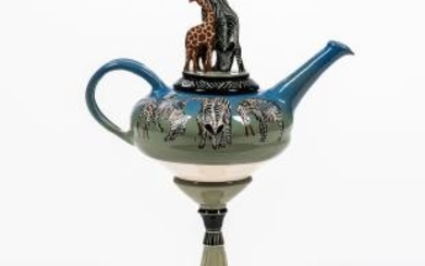 Glazed Art Pottery Teapot with Giraffes and Zebras