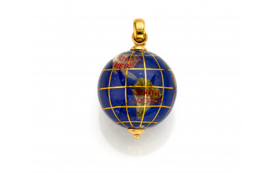 Globe pendant inlaid with semi-precious stones and yellow gold setting, metal details, g 7.41 circa, length cm 3.20 circa. (slight...