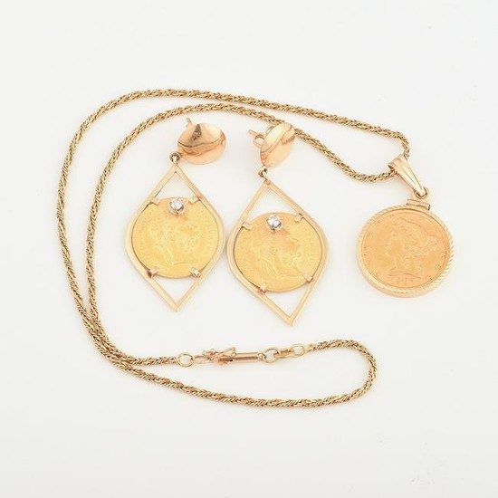 Gold Coin, Diamond, 14k Yellow Gold Jewelry Suite.